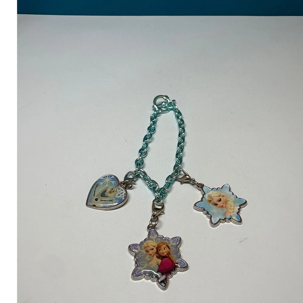 Disney Frozen Charm Bracelet Elsa Anna Olaf Blue Metallic Chain Toggle Clasp